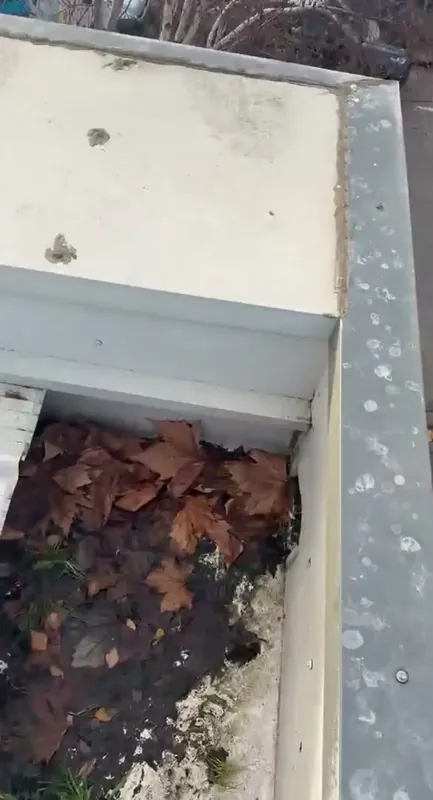 Box gutter blocked with leaves and broken tile