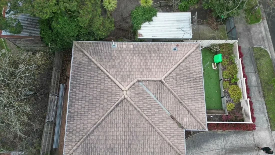 Concrete tile roof from directly above before restoration